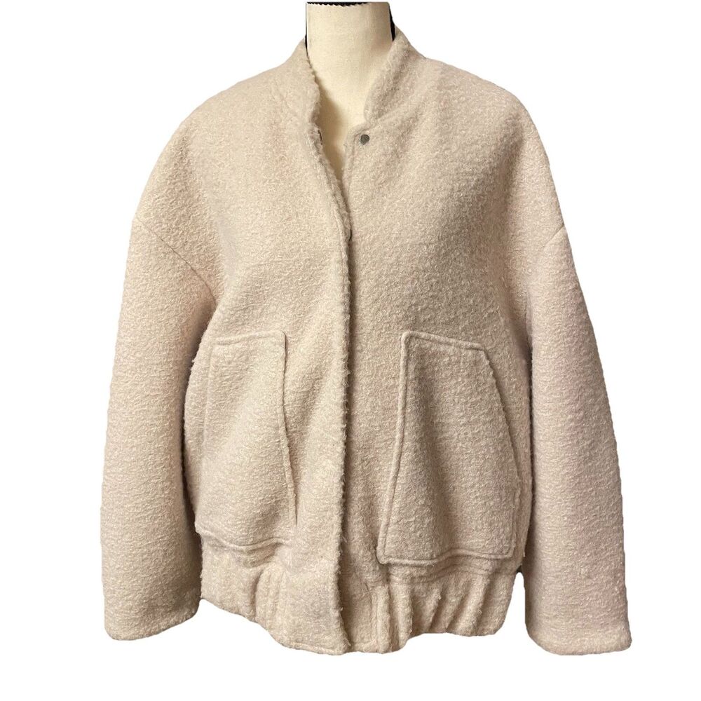 Mango MNG Oversize Soft bomber Jacket Sugar S Cream Textured Teddy Coat Cozy EUC
